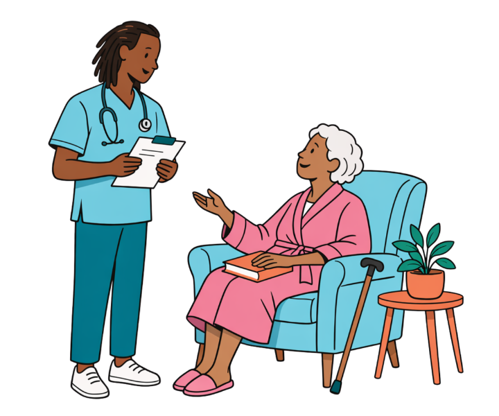 Illustration d'un soignant accompagnant un patient